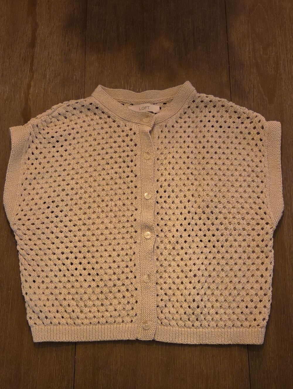 LOFT Light Beige Crochet Open-Weave Button-Up Sweater Small